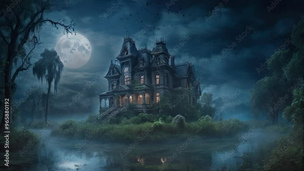 Spooky Haunted Mansion in Foggy Moonlit Swamp with Full Moon and Clouds Spooky Haunted Mansion in Foggy Moonlit Swamp with Full Moon and Clouds