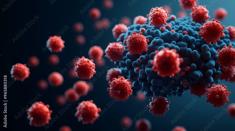 Detailed visualization of a virus cell surrounded by red viral particles, showcasing microscopic science and biology. Detailed visualization of a virus cell surrounded by red viral particles, showcasing microscopic science and biology.