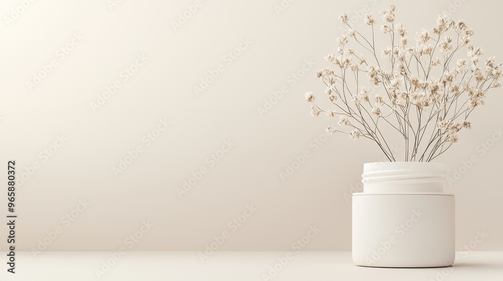 Dried flowers in a white vase on a white table with a white background. Minimalist home decor concept.