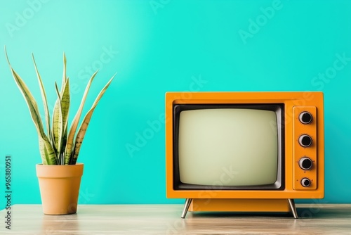 Vintage orange tv set showing empty screen on a turquoise background with a plant  photo