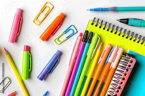 School supplies on a wooden table on light background