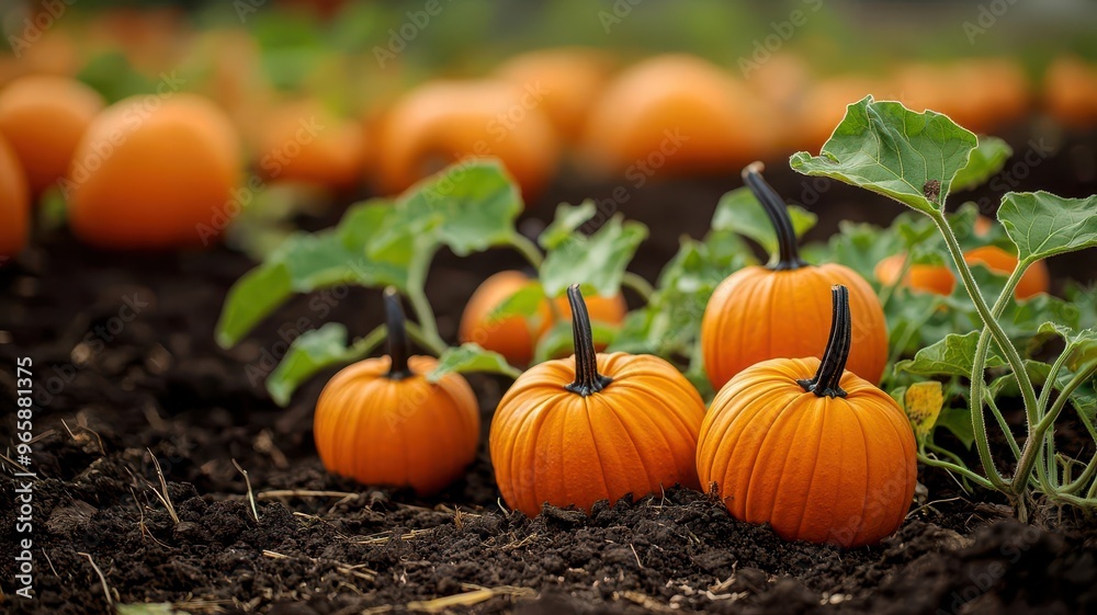 A close-up of pumpkin vines sprawling across the ground, small pumpkins just beginning to turn orange, farm setting pumpkin vines, farm growth, rural autumn A close-up of pumpkin vines sprawling across the ground, small pumpkins just beginning to turn orange, farm setting pumpkin vines, farm growth, rural autumn