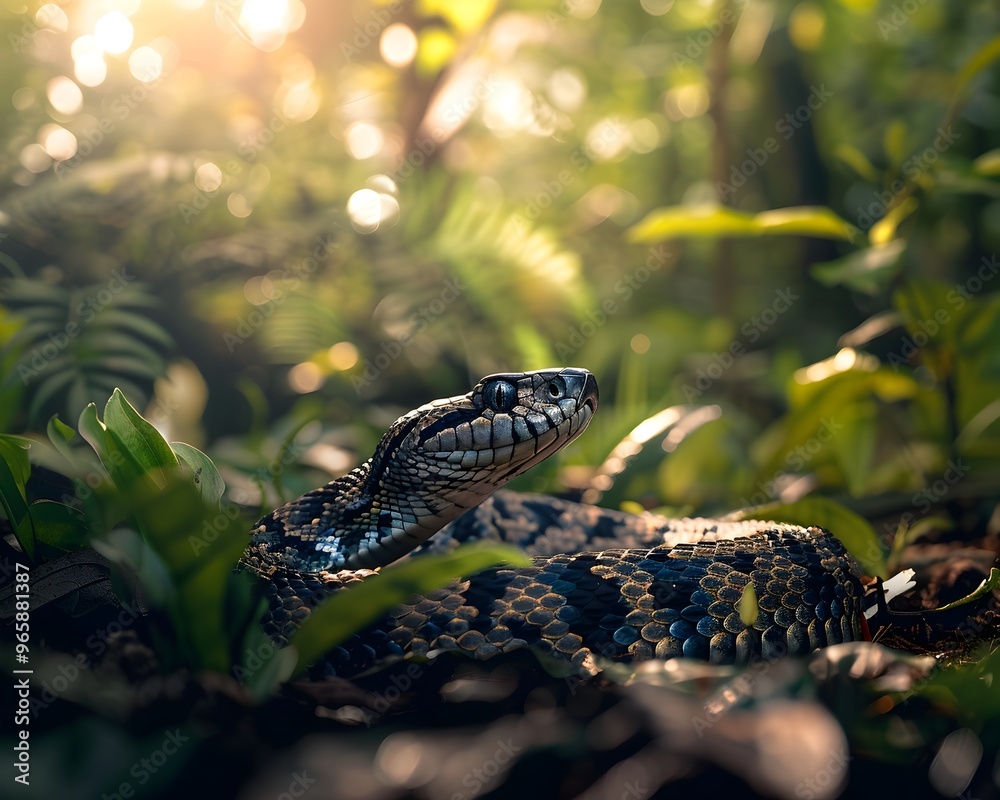 Fototapeta premium Shedding Snake Revealing Fresh Vibrant Scales in Forest Undergrowth
