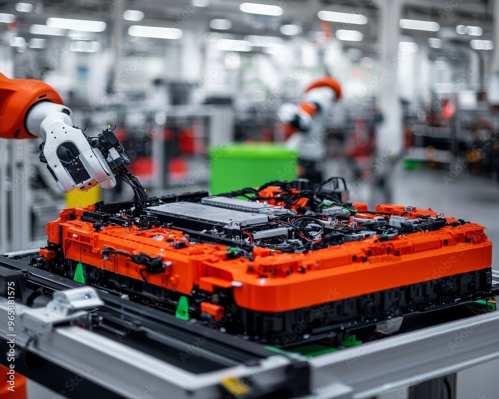 Robotic arm assembling electric car battery in a modern factory. Robotic arm assembling electric car battery in a modern factory.