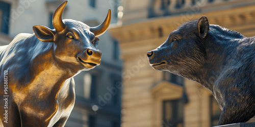 The famous bronze statues of a bull and a bear in front of the Stock Exchange building symbolize the opposing financial markets. photo