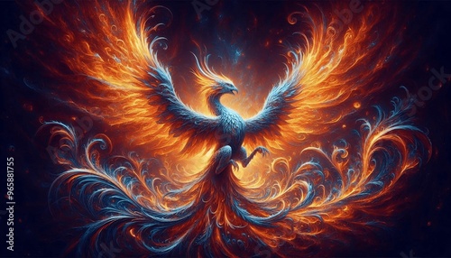 a mythical phoenix rising from ashes fantasy style photo