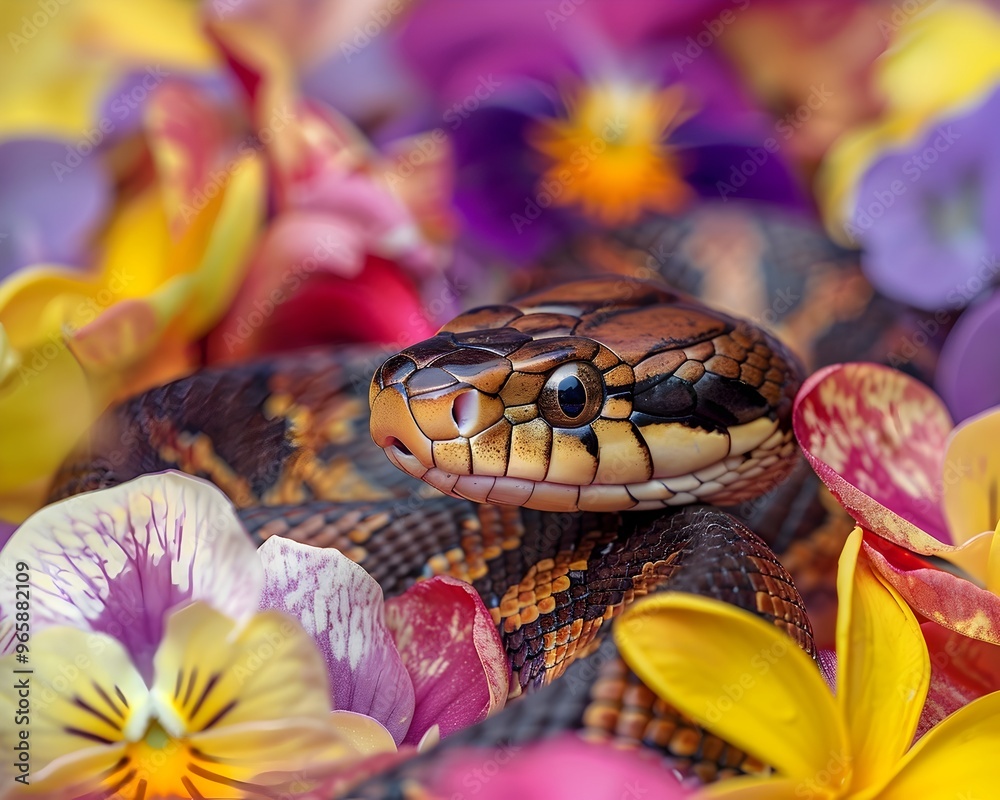 Vibrant Snake Nestled Among Spring Flowers Showcasing Camouflage and Beauty Vibrant Snake Nestled Among Spring Flowers Showcasing Camouflage and Beauty