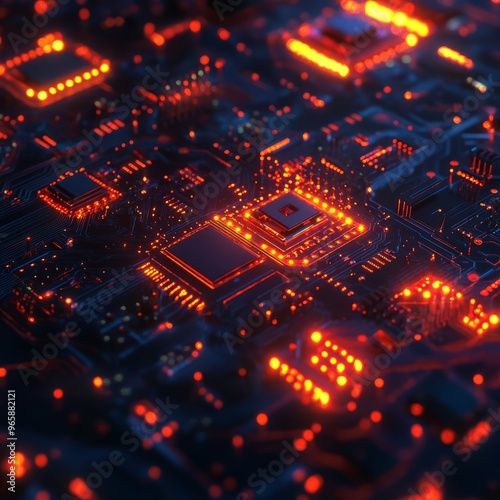 Close-up of a glowing red circuit board.