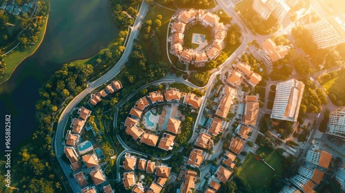 Aerial view of an energy-efficient city, blending eco-friendly buildings with the surrounding natural environment photo