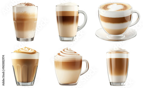 Assorted coffee beverages with layered foam in different cups isolated on transparent background photo