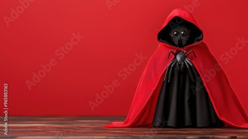 Tarantula in a miniature vampire cape on a spooky tabletop, vampire spider, creepy-crawly Halloween