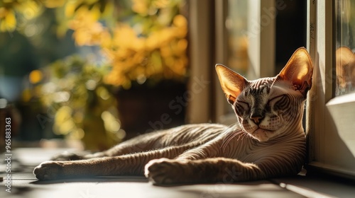 A serene cat lounging in sunlight, surrounded by warm autumn colors. photo