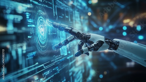 Human and robotic hands working together on a holographic interface in a futuristic environment, blending advanced technology with human intelligence