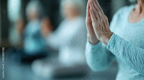 Close-up of a person practicing yoga with their hands in a prayer position, focusing on mindfulness and inner peace during a yoga session, symbolizing tranquility and balance.