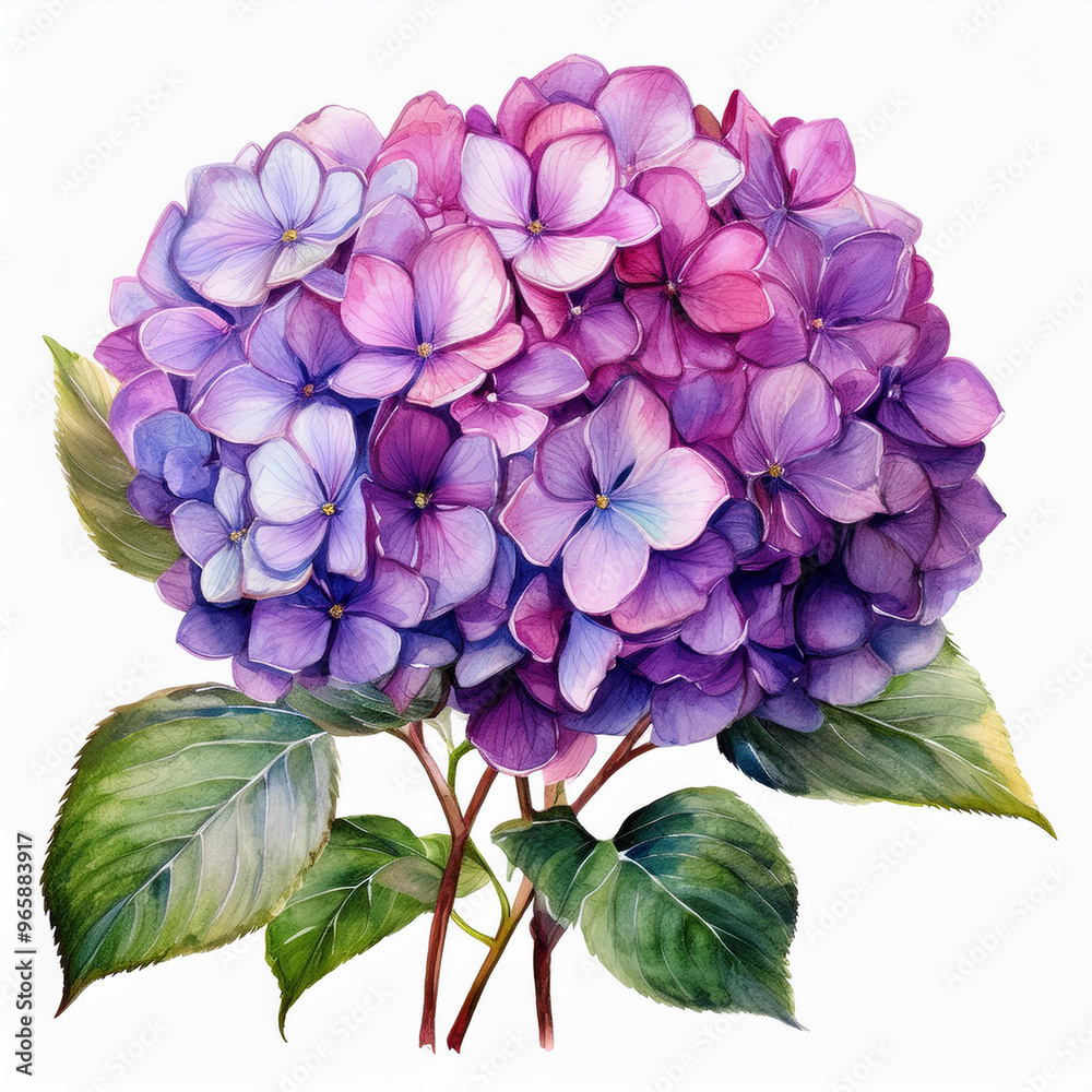 Watercolor painting of blooming purple hydrangea flower isolated on white. Botanical art Watercolor painting of blooming purple hydrangea flower isolated on white. Botanical art