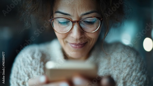 A woman with curly hair and glasses looks down at her phone screen, smiling warmly with a cozy sweater on, capturing a moment of quiet and enjoyable digital engagement. photo