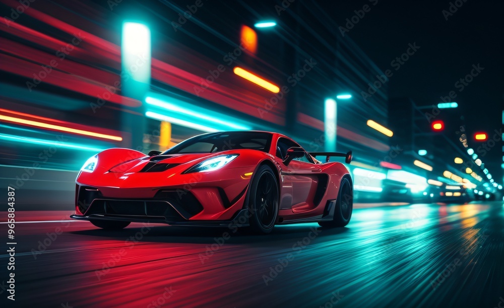 High-performance sports car racing through a neon-lit city at night.. High-performance sports car racing through a neon-lit city at night..