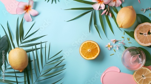 Tropical fruit and flowers arrangement on a vibrant blue background