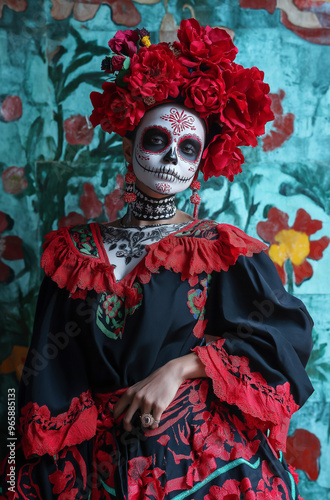 Uma mulher com maquiagem complexa de caveira de açúcar e acessórios florais vermelhos posa elegantemente em um traje vibrante photo