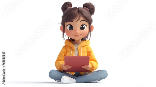 A 3D animated girl sitting cross-legged, studying online using a tablet. She appears focused, and the transparent background brings attention to her digital learning setup.