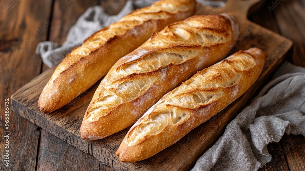 Rustic French baguettes on wooden board Rustic French baguettes on wooden board