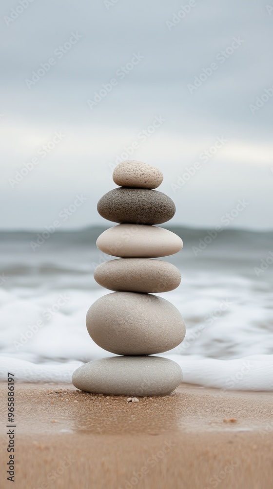Balanced pebble stones on sandy beach with ocean waves, serenity and tranquility concept Balanced pebble stones on sandy beach with ocean waves, serenity and tranquility concept