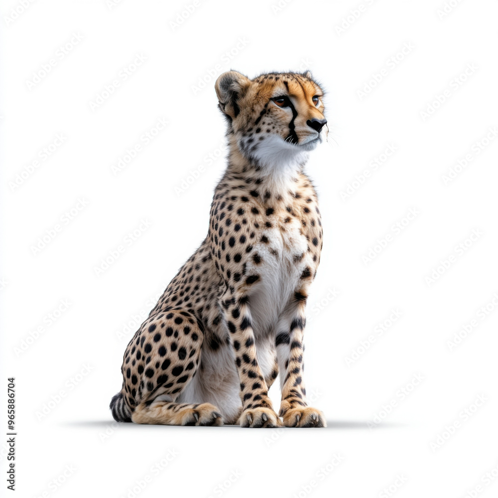 A cheetah sitting upright, showcasing its spotted coat and graceful posture, isolated on a white background. A cheetah sitting upright, showcasing its spotted coat and graceful posture, isolated on a white background.