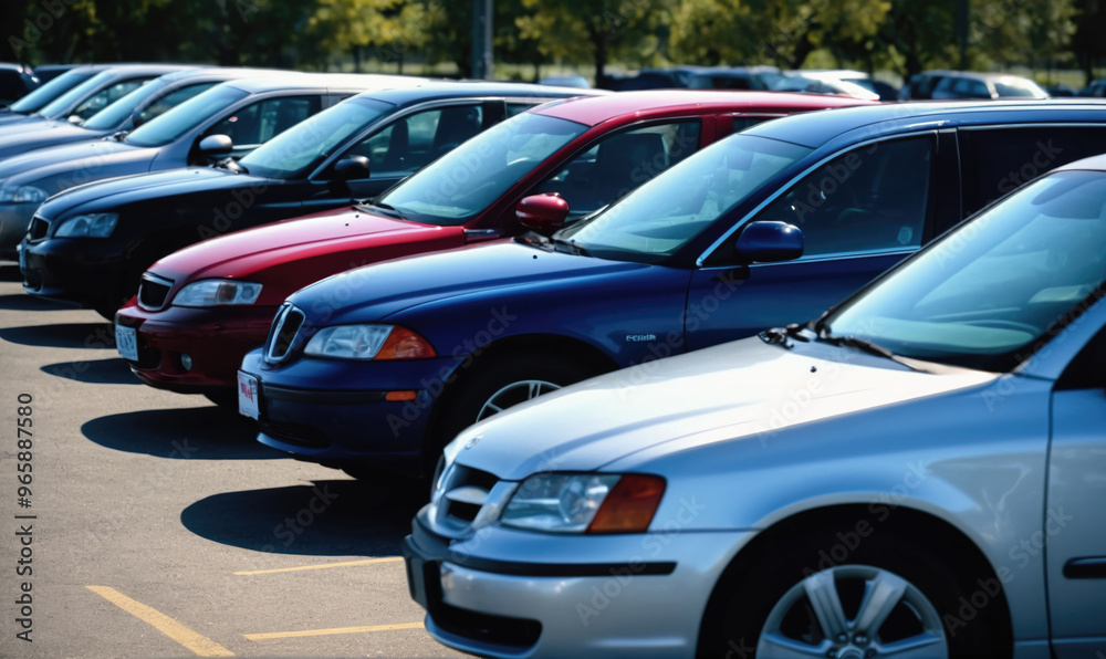 A row of cars are parked in a parking lot on a sunny day A row of cars are parked in a parking lot on a sunny day