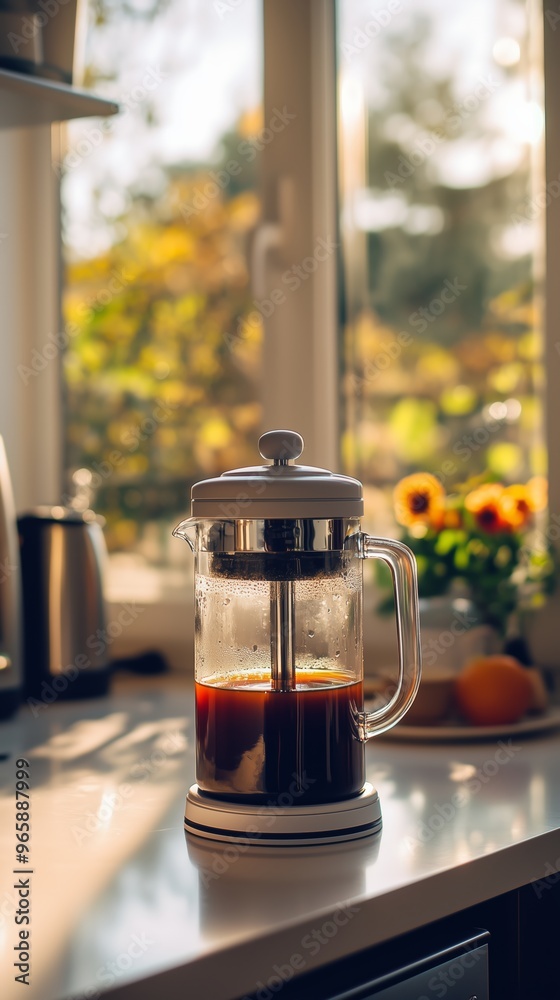 A peaceful morning scene featuring a glass French press filled with freshly brewed coffee on a white table. A peaceful morning scene featuring a glass French press filled with freshly brewed coffee on a white table.