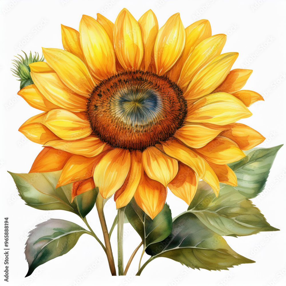 Fototapeta premium Watercolor painting of blooming sunflower flower isolated on white. Beautiful botanical illustration
