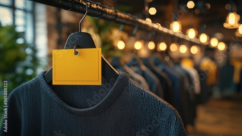 A close-up of a clothing tag on a sweater, showcasing a trendy retail environment with warm lighting and hanging garments. photo