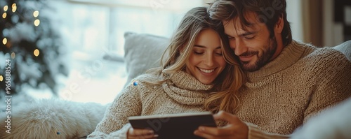 A cozy couple enjoys a winter evening together, sharing laughter and warmth while using a tablet amidst festive decor. photo