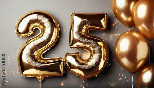 Banner with number 25 golden balloons with copy space