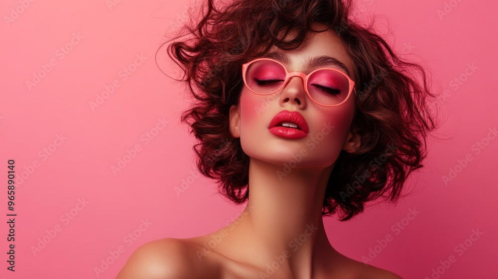 A beautiful woman showcasing vibrant makeup with a playful pose against a soft pink background, exuding confidence and elegance. A beautiful woman showcasing vibrant makeup with a playful pose against a soft pink background, exuding confidence and elegance.