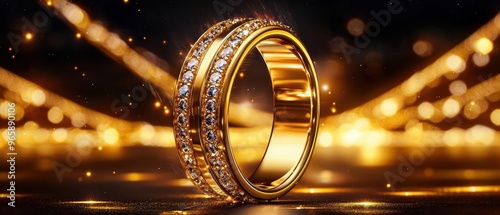 Elegant gold ring adorned with sparkling diamonds, set against a shimmering golden background, perfect for jewelry lovers. 3D