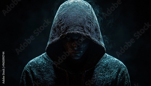 A shadowy figure in a hooded sweatshirt evokes a spooky Halloween atmosphere, perfect for haunted house promotions, mystery-themed events, and eerie decorations.