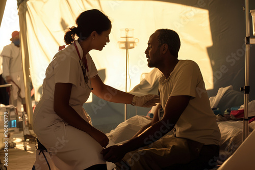 Nurse comforting patient in field hospital tent.