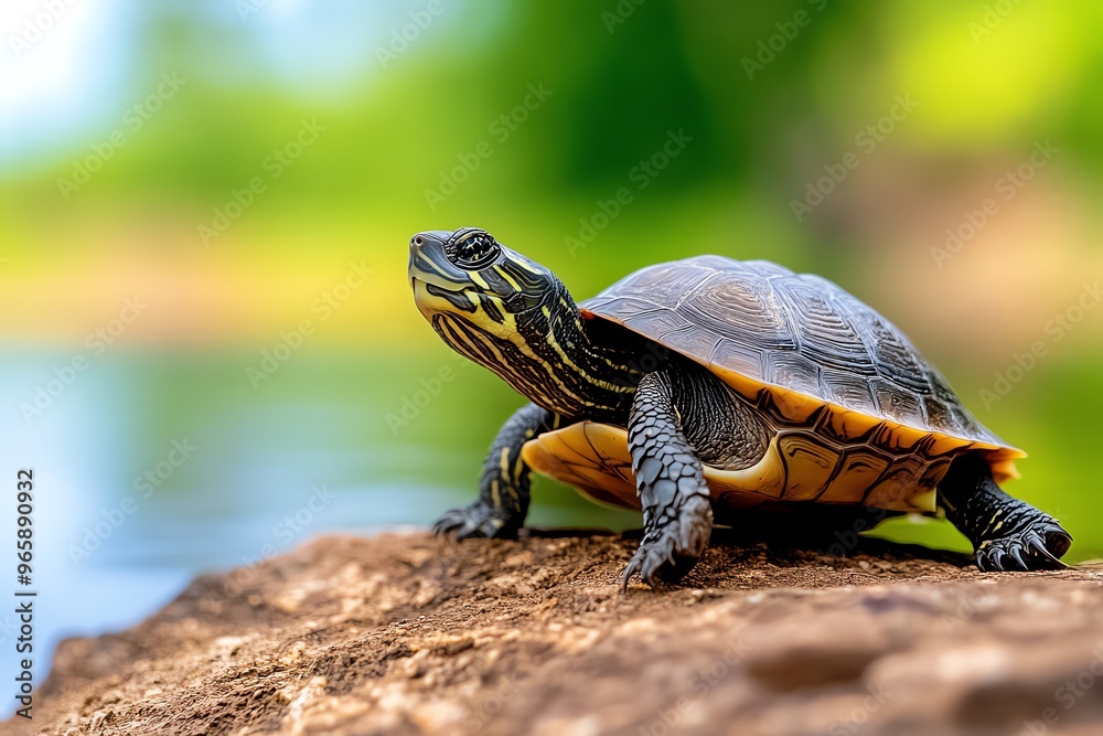 Turtle basking in the sun on a riverbank, its shell glistening in the afternoon light, enjoying the warmth of the day Turtle basking in the sun on a riverbank, its shell glistening in the afternoon light, enjoying the warmth of the day