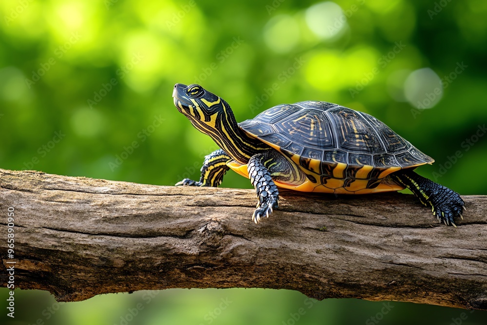 Obraz premium Turtle basking on a fallen tree branch, enjoying the warmth of the sun as it stretches its legs and rests