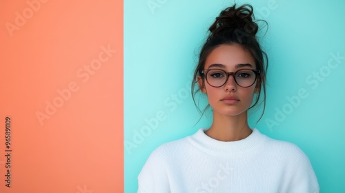 Young woman wearing glasses and white sweater with hair in a bun, posed against a vibrant split background of orange and teal, giving a modern and stylish look. photo