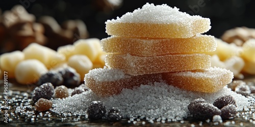 Stacked sugar cubes with granulated sugar and confections. photo