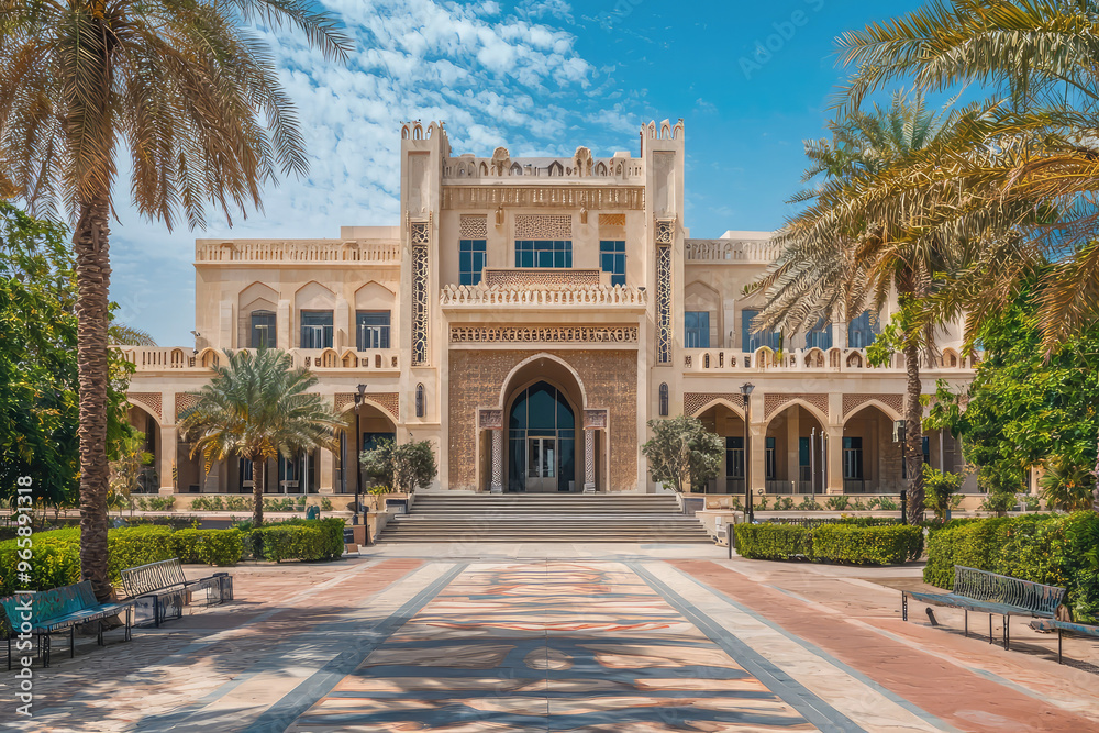 Obraz premium Sharjah Art Museum showcases local art in stunning architectural setting, surrounded by lush greenery and palm trees, inviting visitors to explore its cultural offerings