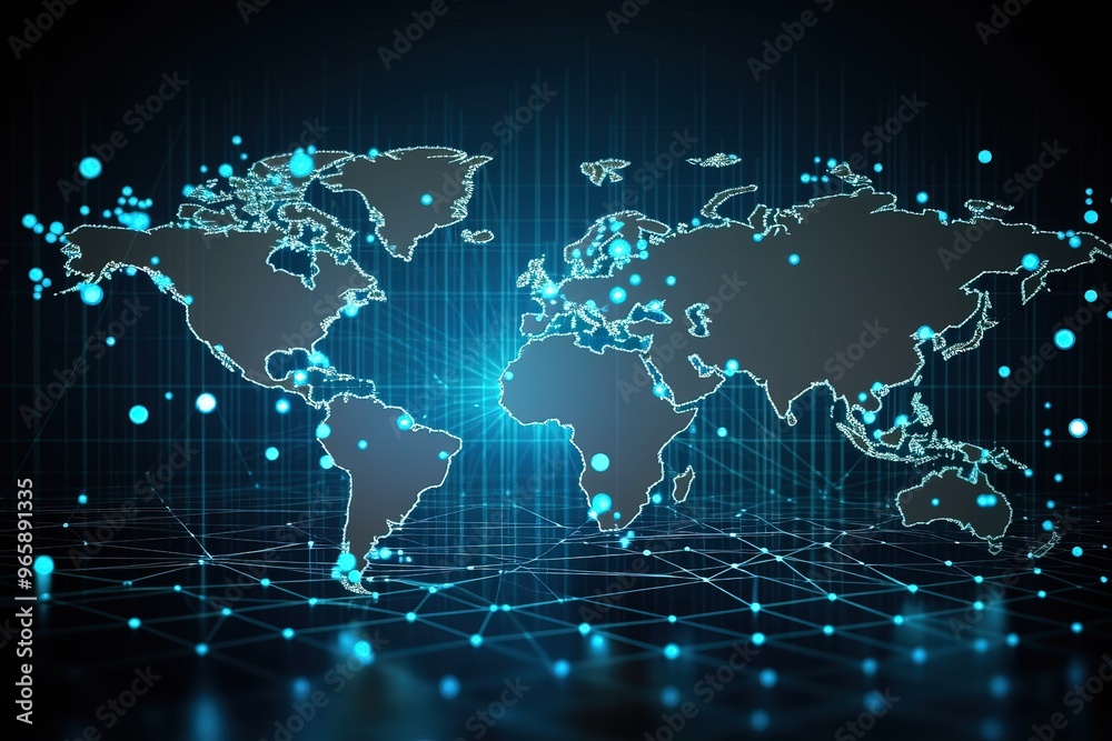 Global Network Connections,  Digital World Map with Glowing Lines