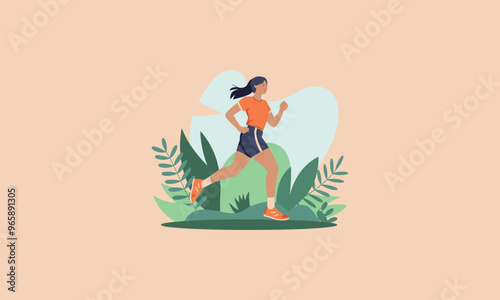 A woman jogging outdoors surrounded by nature and greenery elements.