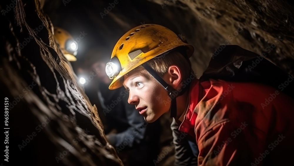 Young man exploring a cave with a headlamp. Young man exploring a cave with a headlamp.