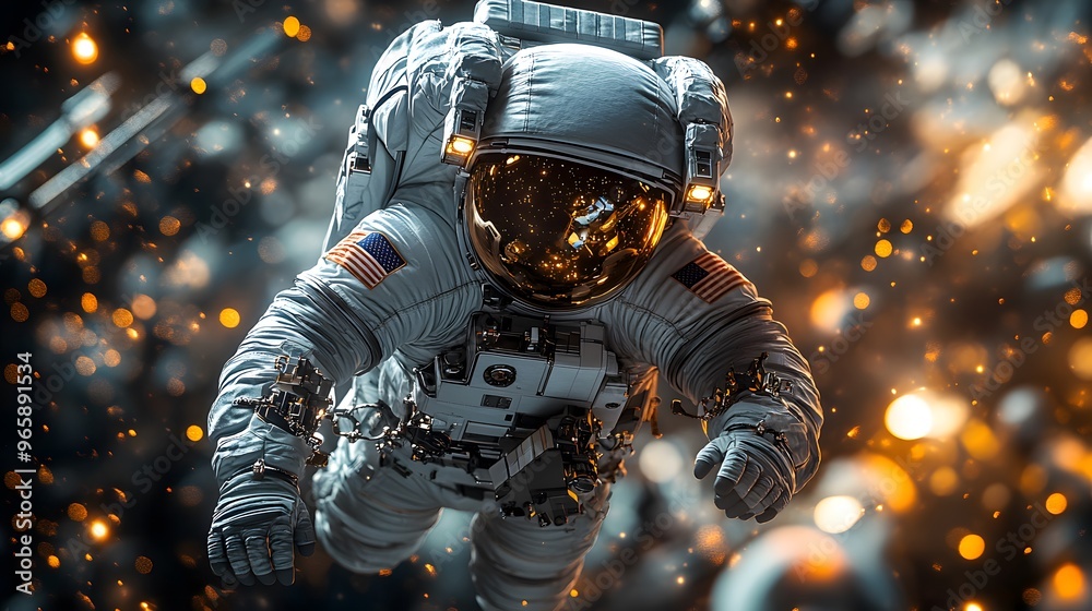 Detailed view of a space station with satellite components and an astronaut in a space suit, showcasing a high-tech space environment. 3D realistic rendering emphasizes the black theme and futuristic Detailed view of a space station with satellite components and an astronaut in a space suit, showcasing a high-tech space environment. 3D realistic rendering emphasizes the black theme and futuristic