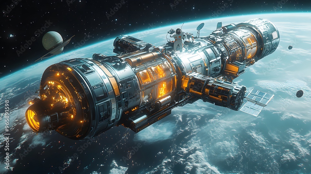 Space station and space ship with an astronaut in space, surrounded by satellite components and a black, starry backdrop. 3D realistic illustration highlights the sleek, futuristic design and Space station and space ship with an astronaut in space, surrounded by satellite components and a black, starry backdrop. 3D realistic illustration highlights the sleek, futuristic design and