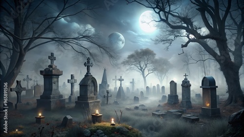 eerie animated halloween graveyard scene misty fog dark shadows gray photo