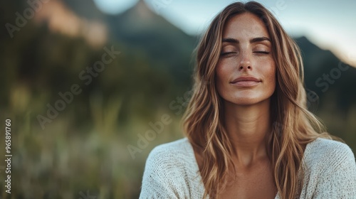 A serene woman with wavy hair and a peaceful expression, sitting in front of a scenic mountain background during dusk, evoking feelings of calm and connection with nature. photo