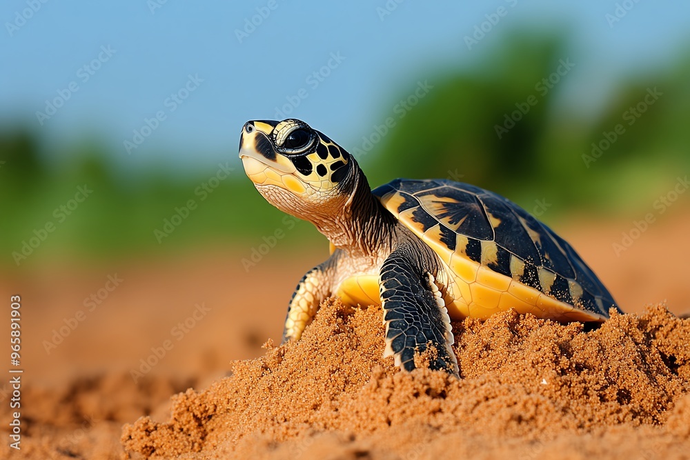 Obraz premium Turtle digging a nest in the soft sand, preparing for the next generation as it follows its natural instincts